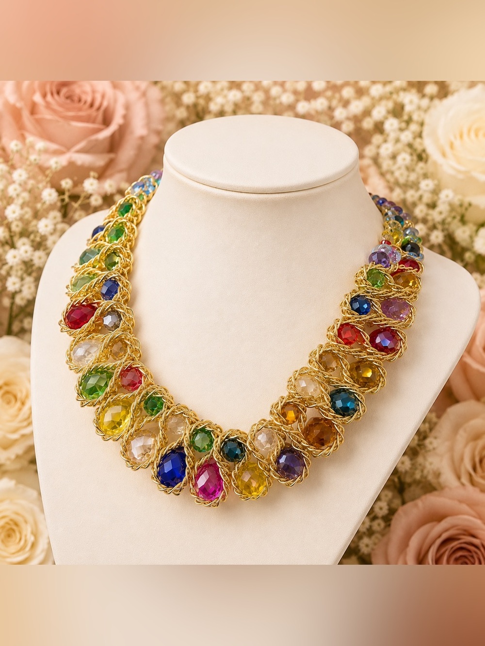Multicolor Crystal Teardrop Necklace - Gold Chain